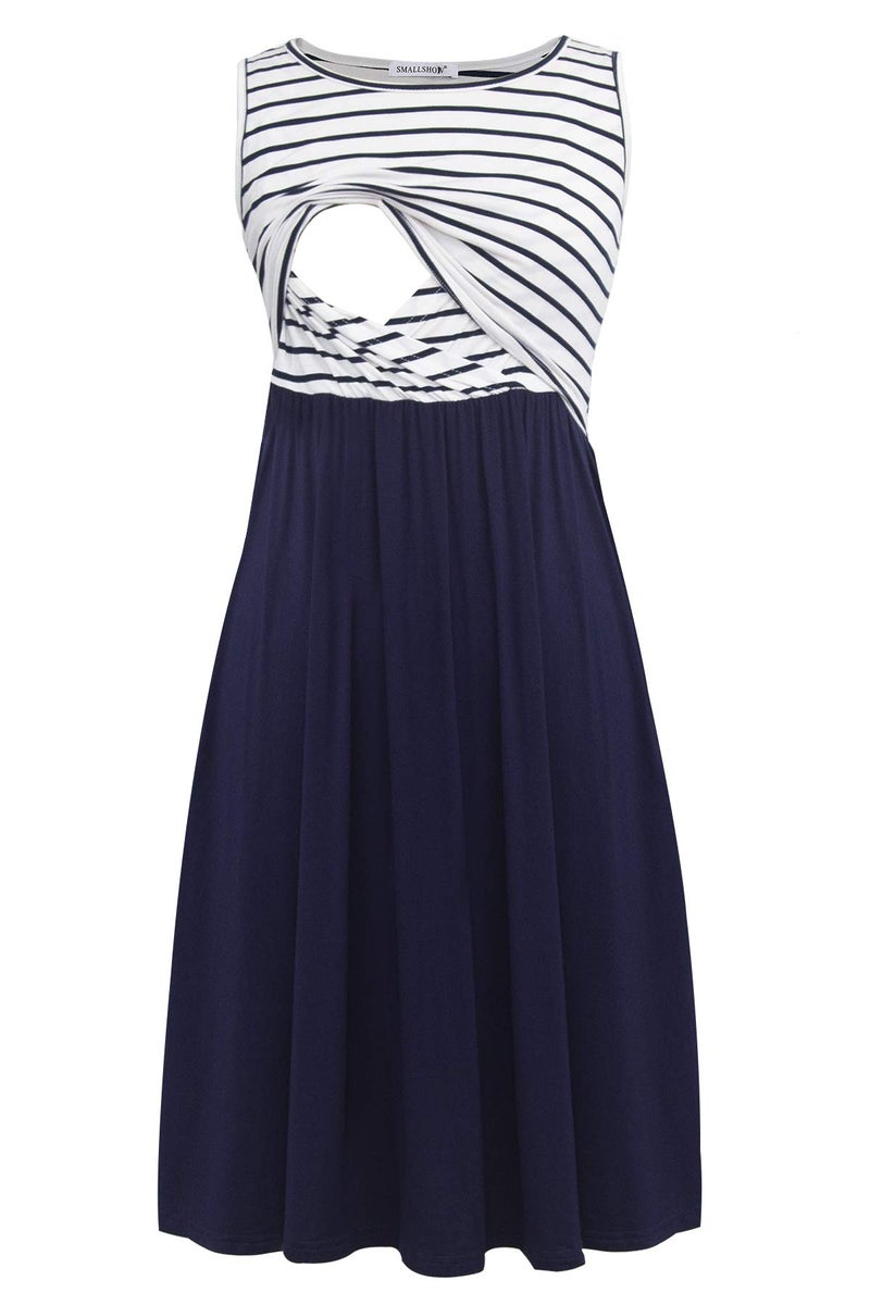 Smallshow Women's Sleeveless Nursing Dresses Patchwork Maternity Breastfeeding Dress Navy Stripe-Navy Large - Image 1